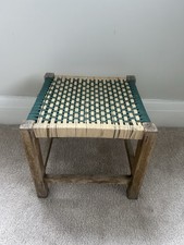Vintage Wooden Woven Wicker Rattan Foot Stool / Plant Stand - Home Decor