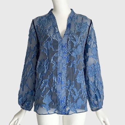 $895 Hilton Hollis Size Medium Blue Textured Sheer Big Romantic Sleeve Blouse