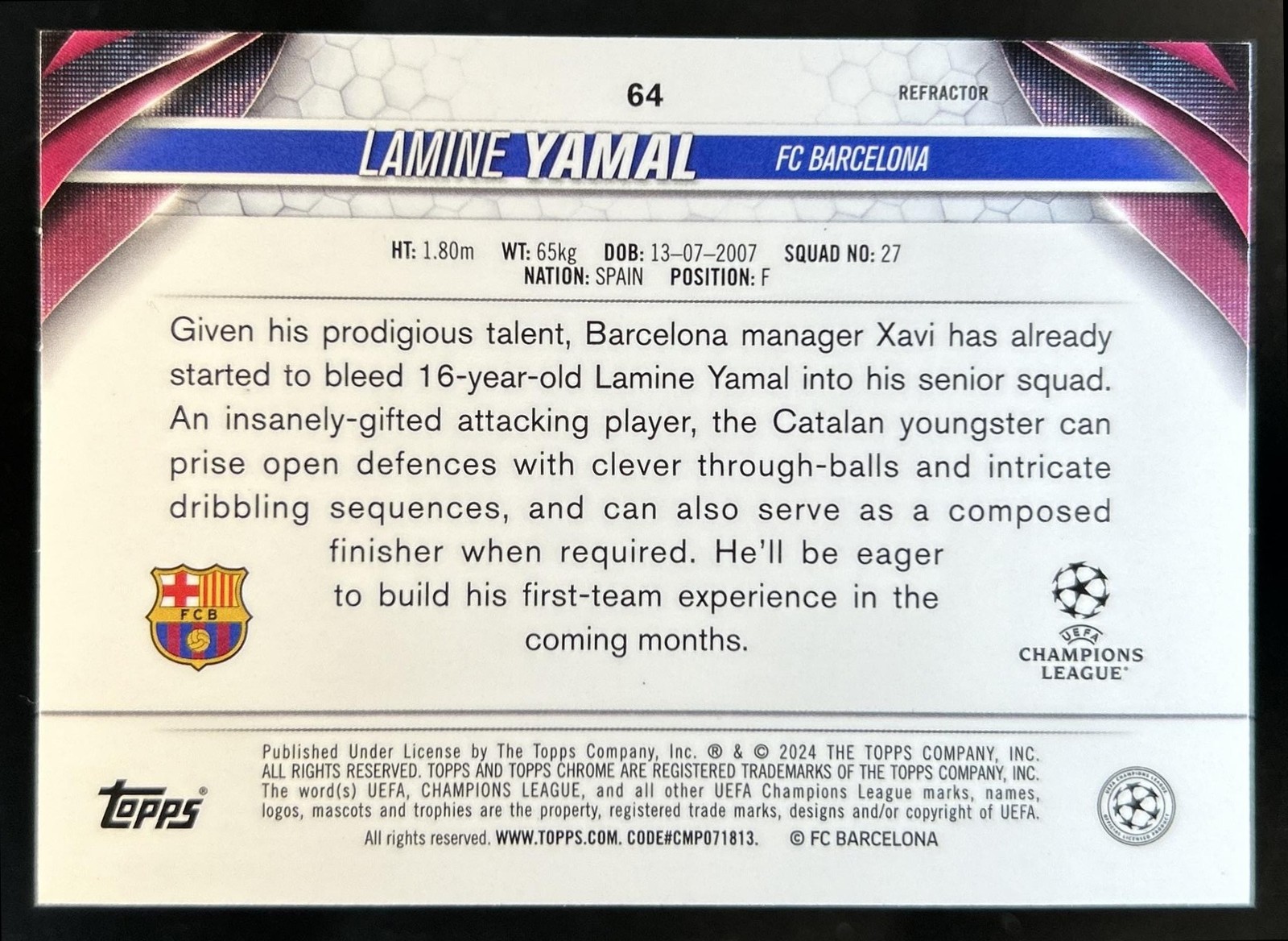 2023-24 Topps Chrome UEFA Lamine Yamal RC Refractor Rookie #64 Barcelona view 2