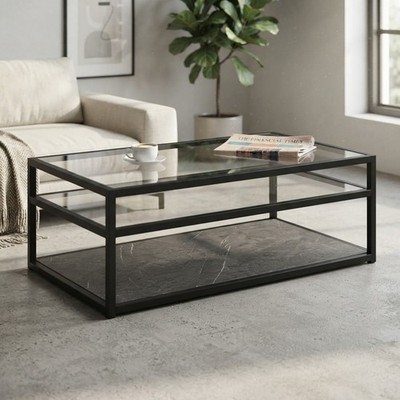 Serena Couchtisch mit Glasplatte modern Stahlgestell Holz Aufbewahrung schwarz