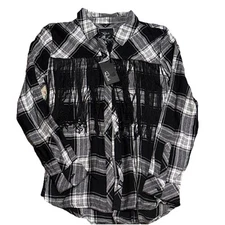 Rails Plaid Western Button Down Fringe Top Shirt Black White Size Small