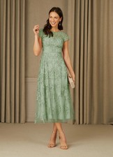 Azazie Sanna Dusty Sage A-line Scoop Lace Tulle Dress Size 8 MOB Wedding Guest