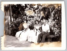 Vtg B&W Snapshot Family Man & Women In Fancy White Southern Belle Dresses 1950s