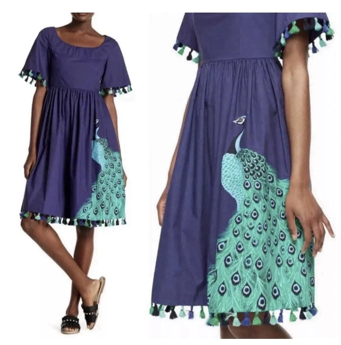 Abito Kate Spade New York taglia 10 full plume pavone popeline nappe blu verde