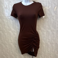 POPULAR 21 Brown Ruched Drawstring Crew Neck Bodycon Mini Dress Short Sleeve S