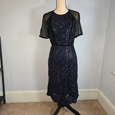 Elie Tahari Katia Navy Blue Sequin Velvet Trim Cocktail Dress Size 10 EUC