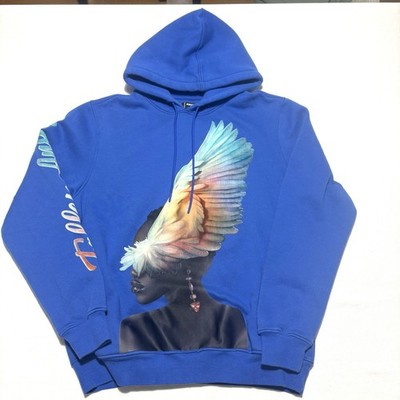 Men s ROKU STUDIO Feather Fallen Angel Pullover Hoodie Size Large Blue