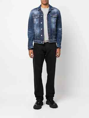 NEW $840 DSQUARED2 men's paint splatter distressed denim jean jacket sz 52 US M