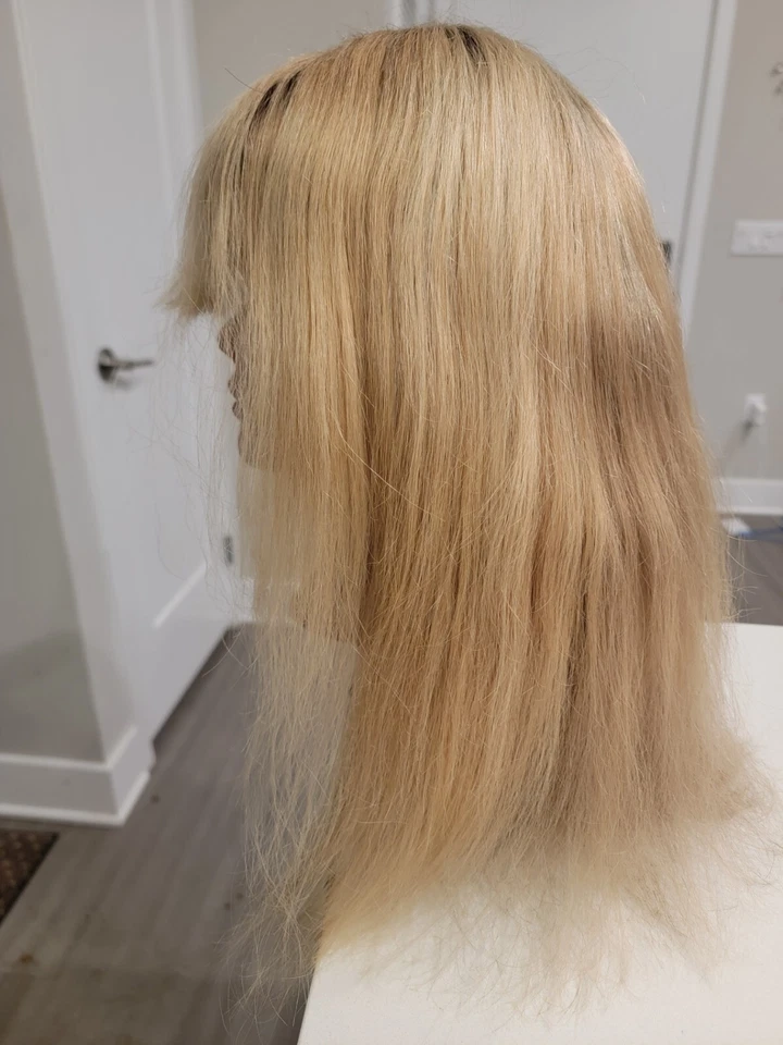 Peluca de cabello humano de encaje completo mezcla rubia dorada tapa mediana 16" usada Foto 3 de 4