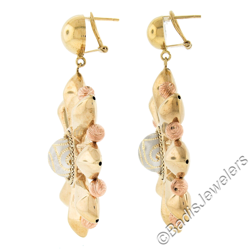 Large Tri Color Gold Diamond Cut Puffed Electroformed Design Earrings - Picture 4 of 5
