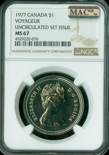 1977 ATTACHED JEWEL SWL CANADA DOLLAR NGC MS67 PQ MAC SPOTLESS .