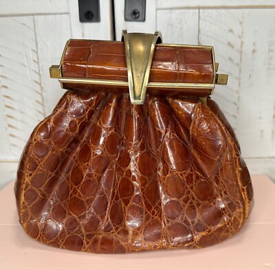 Beautiful Vintage Caiman Leather Clutch with Brass Hardware