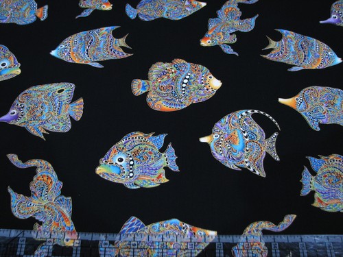 1 Yard Cotton Fabric - Benartex Ann Lauer Hooked on Fish Toss Black Metallic - Afbeelding 1 van 1