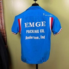 Vintage Hilton Bowling Shirt sz S 1970's Blue S/S "EMGE Packing Co" Chainstiched