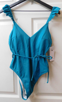 Shade & Shore Women's Ruffle Strap Tie Wrap One Piece Swimsuit Small Teal