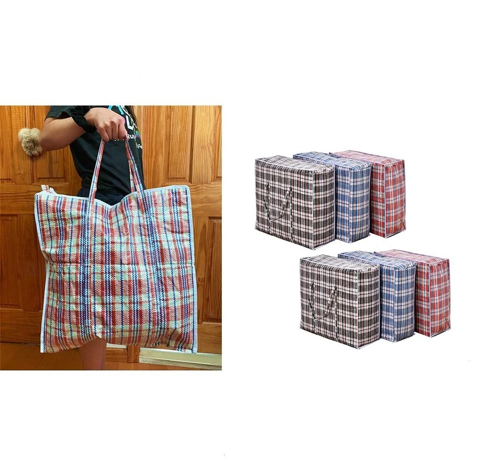Set of 6 Large Plastic Checkered Laundry Bags with Zipper and Handles