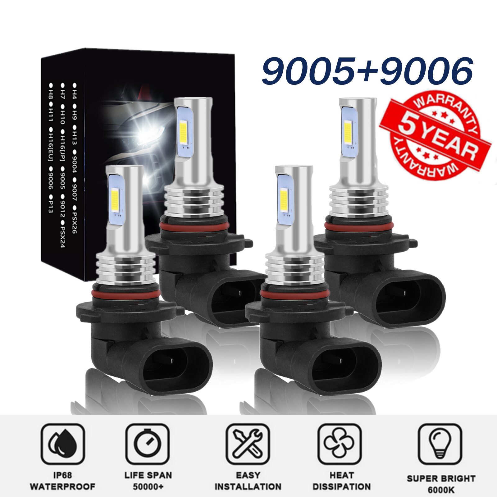 2004-2015 Honda Civic Sedan LED Headlight Bulbs Hi/Lo Beam 10000K