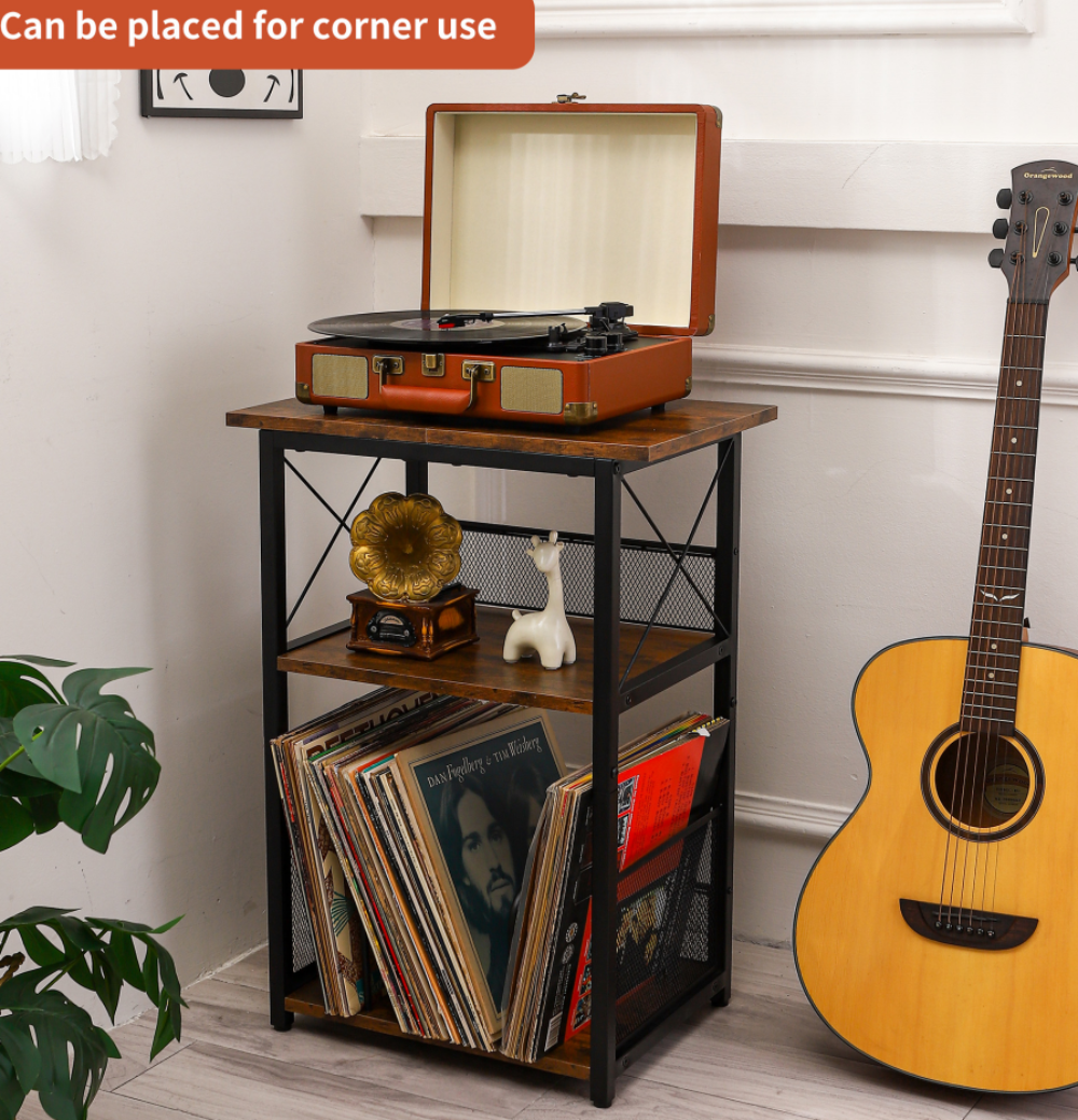 3-Tier Vinyl Record Player Stand with Functional Side Table Storage-image
