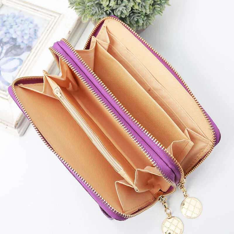 Double Zipper Women Leather Wallet Long Zipper Big Capacity Purse