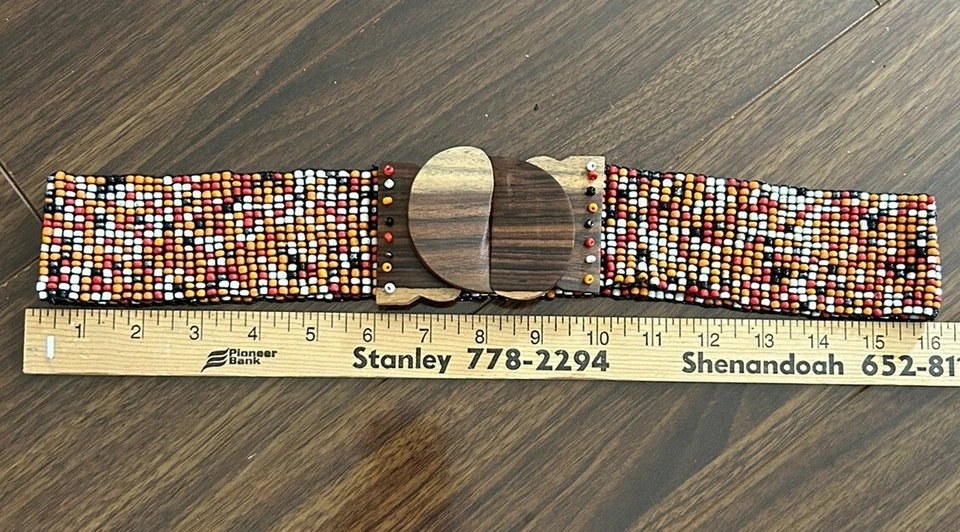 Vtg Beaded Belt Wide Elastic Stretch Red Orange White Teal Boho L Western Look - Image 2 of 4