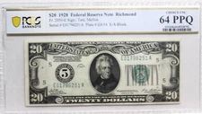 1928 $20 Dollars FRN RICHMOND, Numerical Seal, PCGS 64 PPQ Fr 2050-E BEAUTIFUL