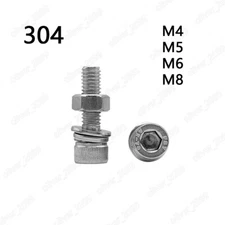 304 Stainless Steel Hex Socket Bolts Cap Head Hex Nuts Flat Spring Washers M4-M8