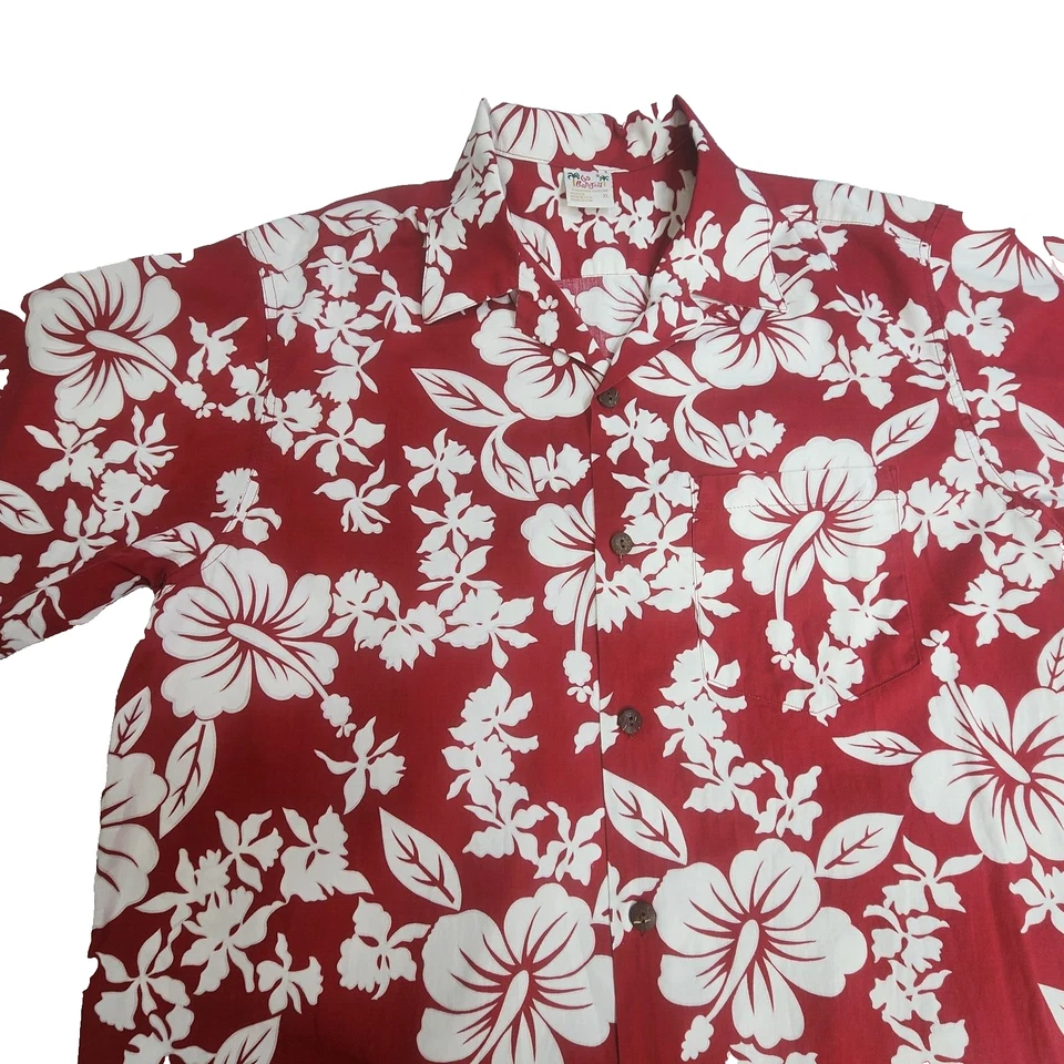 Camisa Go Barefoot Manga Corta Hawaiana Estampado Floral Roja Blanca Para Hombre Talla XL Foto 4 de 4