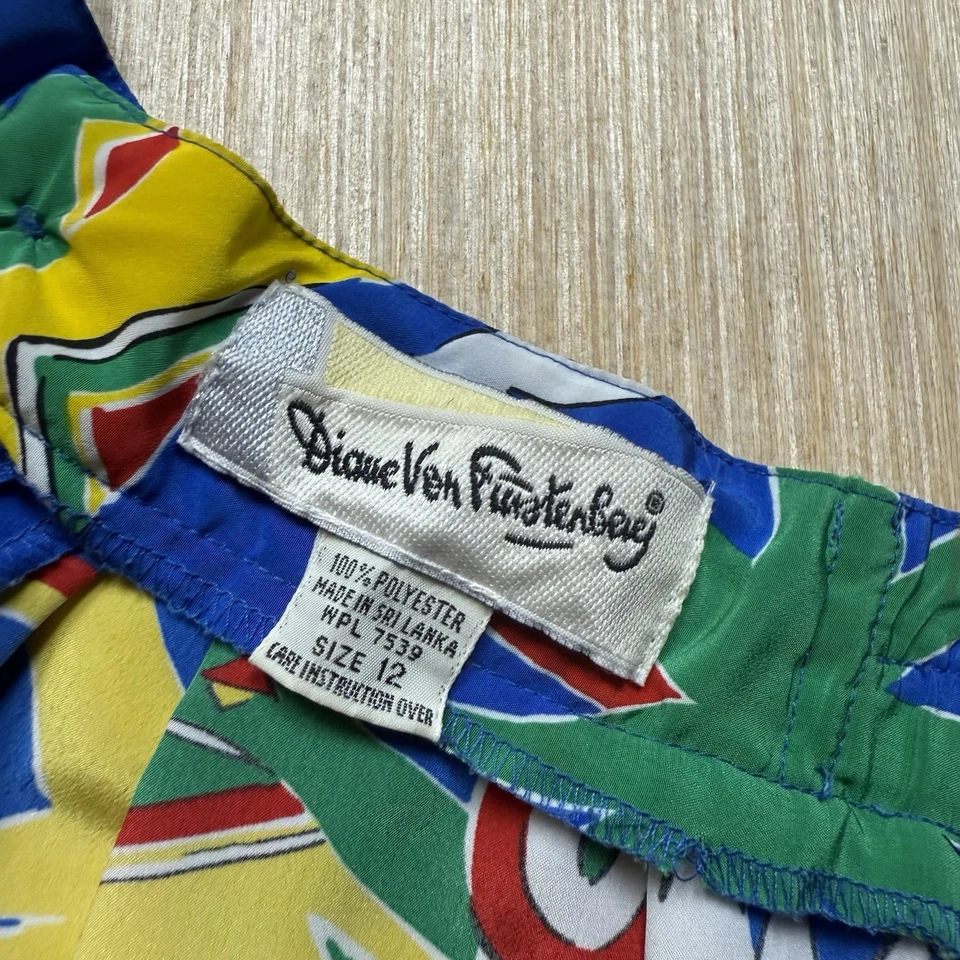 Falda abstracta vintage Diane Von Furstenberg para mujer talla 12 palmeras tropicales pájaros Foto 2 de 4