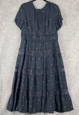 Monsoon Lace Tiered Dress Womens 14 Navy Blue Metallic Polka Dot Whimsigoth  | eBay