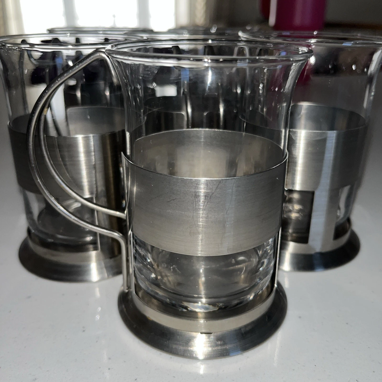 vintage glass & stainless steel French Press Coffee Cups, Set Of 6