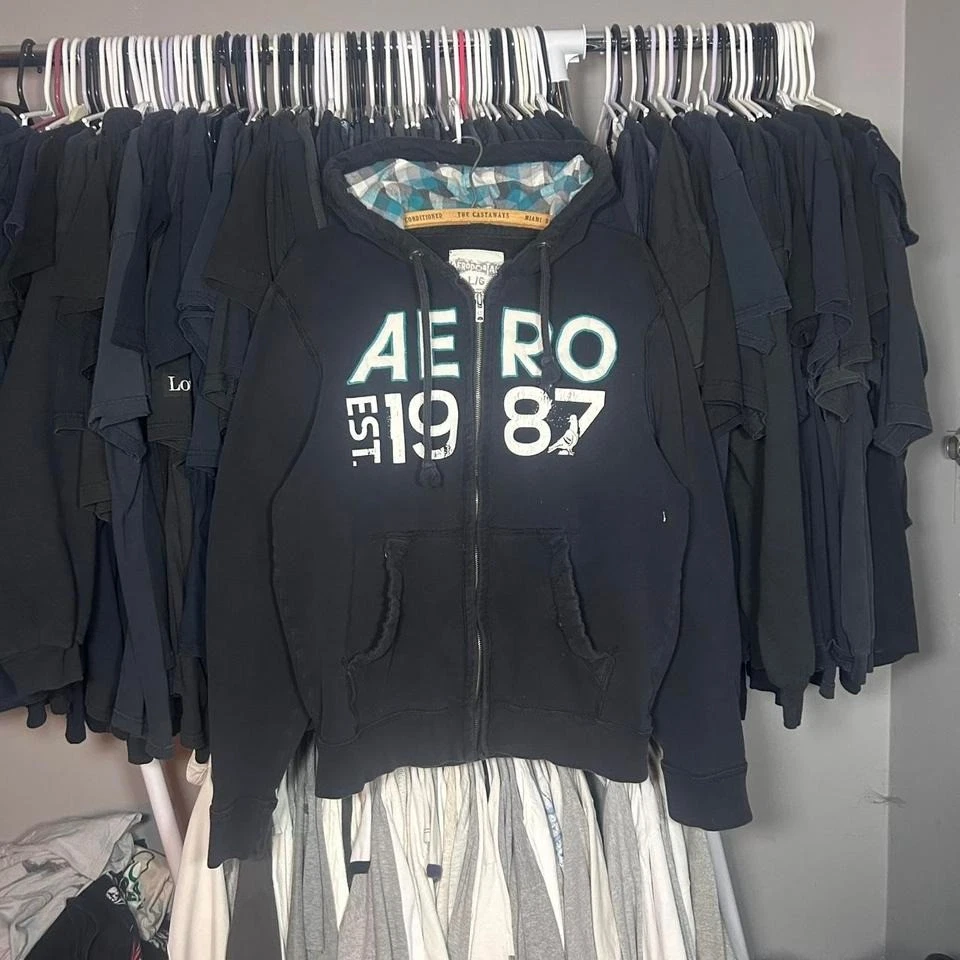 Vintage checkered full zip embroidered spellout Black Aeropostale zip-up hoodie - Image 2 of 4