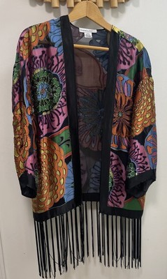 DRAPERS & DAMON KIMONO COVER UP JACKET MEDIUM FRINGE MULTICOLOR FLORAL 