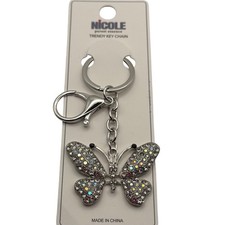 Rhinestone Butterfly Trendy Keychain Silver Tone