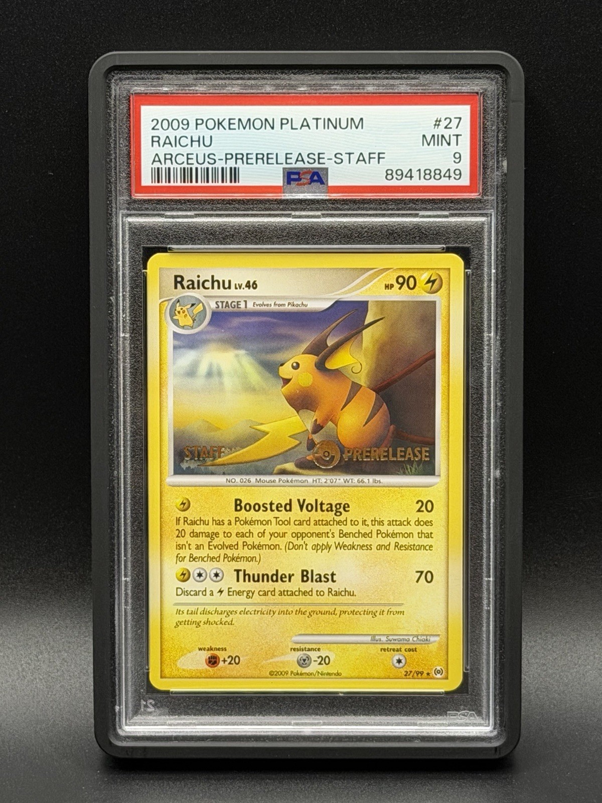 Pokemon Raichu Platinum Arceus 27 Prerelease Staff PSA 9 Mint