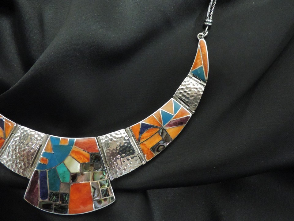 950 Silver Peruvian Inca Style Bib Mosaic Necklace, Semi Precious ...