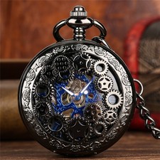 Steampunk Hollow Gear Cover Men Handwinding Mechanical Pocket Watch FOB Chain