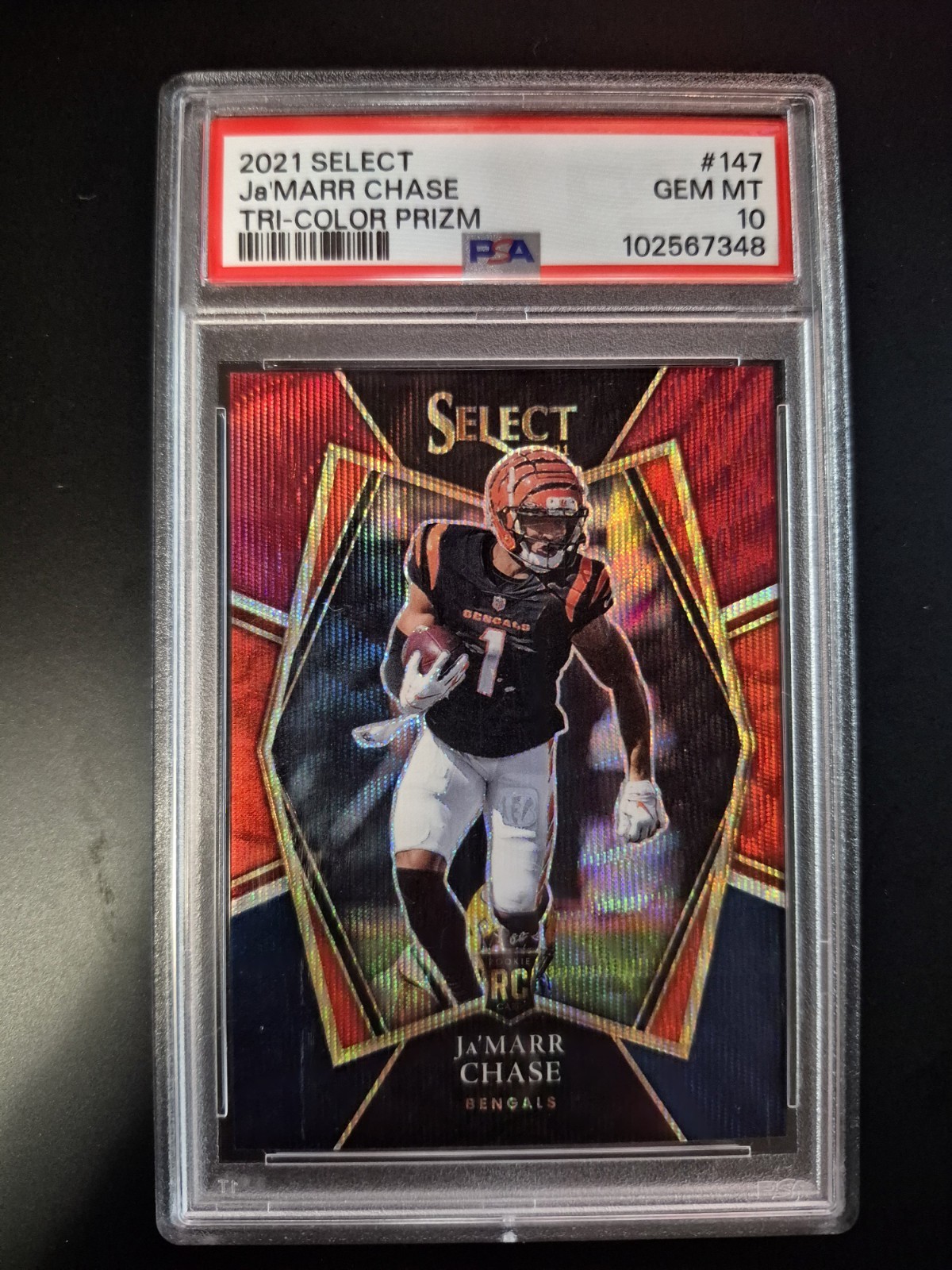 2021 Panini Select Premier Level Ja'Marr Chase #147 Tri-Color Prizm 98/199 (RC)