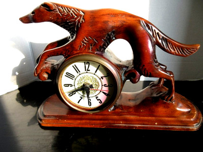 Vintage Art Deco Greyhound Borzoi Wood Carved Clock by Lanshire - AS IS / REPAIR