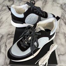 CHANEL Black Light Gray White Suede Mesh Logo Lace Up Low Top Sneakers G30492