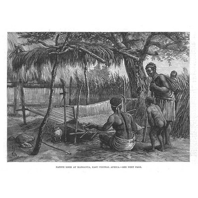 Ureinwohner Webstuhl bei Manganya Ostzentralafrika - antiker Druck 1881