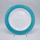 Set of 2 Vintage Pyrex Blue Band Milk Glass Dinner Plates 10" Turquoise Aqua Rim