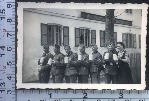 WW2 Era German Soldiers Holding Beer Mugs Tavern BW Military Photo Snapshot #2