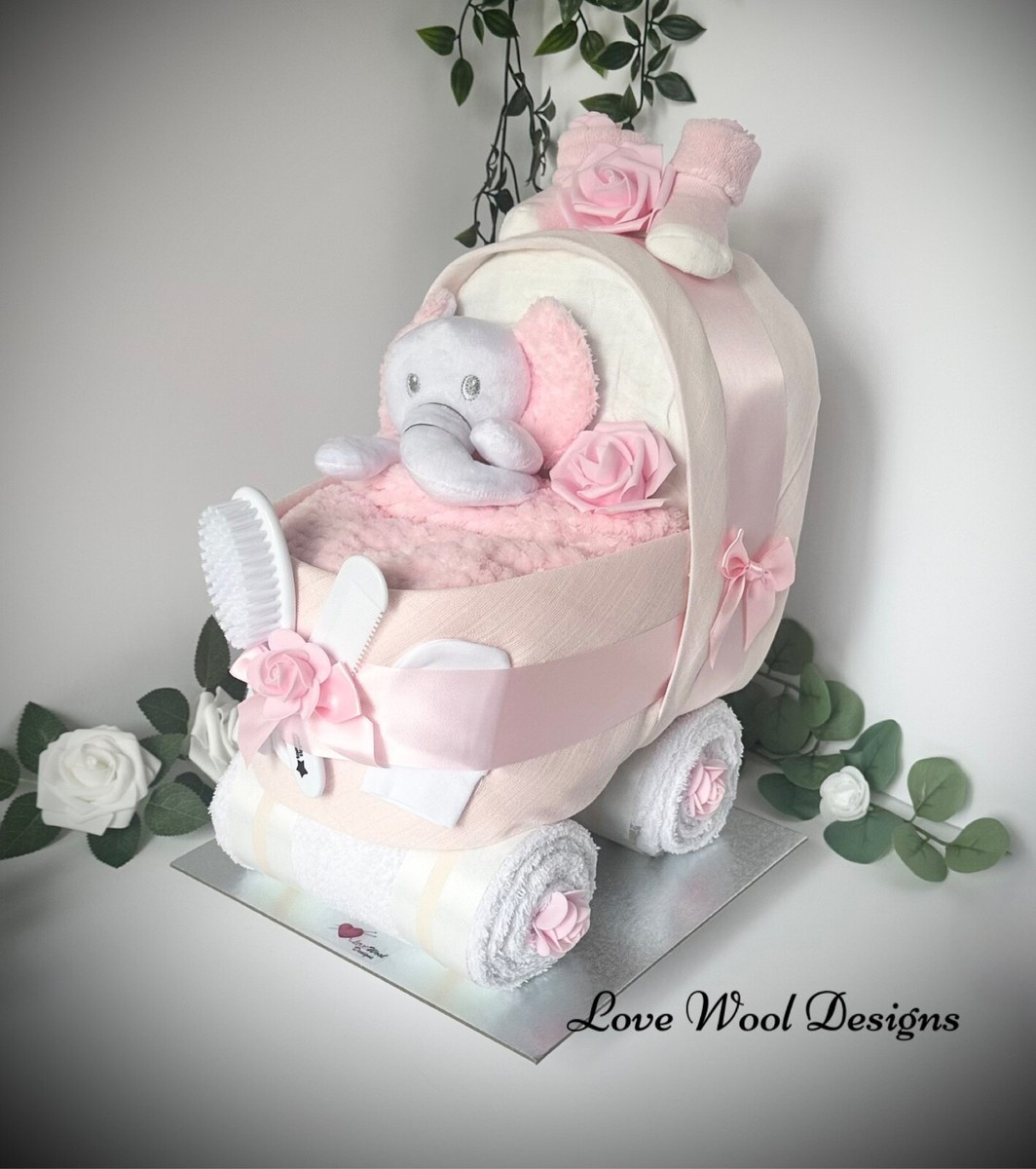 Pram Nappy Cake Diaper Cake, Baby Gift Diaper Cake Pink Carriage
