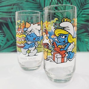1983 Licensed by Wallace berrie co. smurfs 2 tall glasses Smufette baker smurf