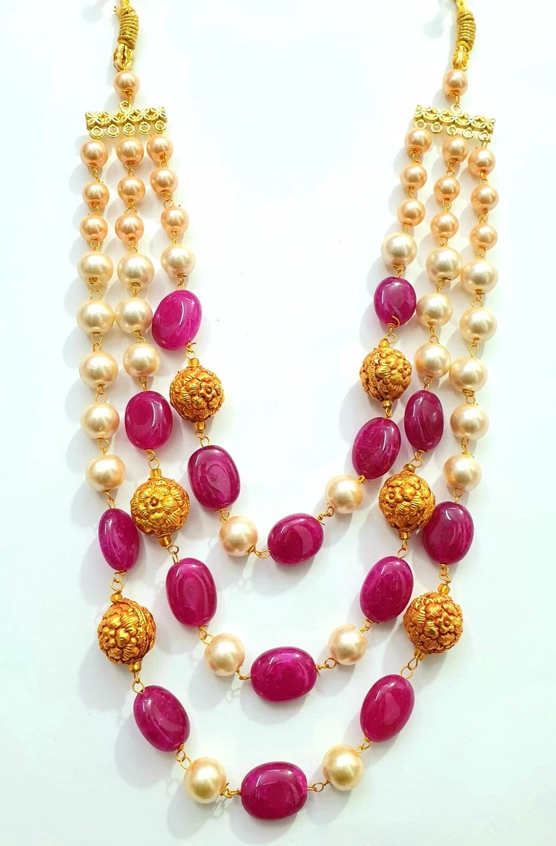 Indian bollywood style Pearl and ruby tumble beads string three strand necklace