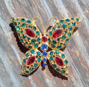 18K Gold Plated Multi Colored Crystal Butterfly Brooch Pin Czech Rep