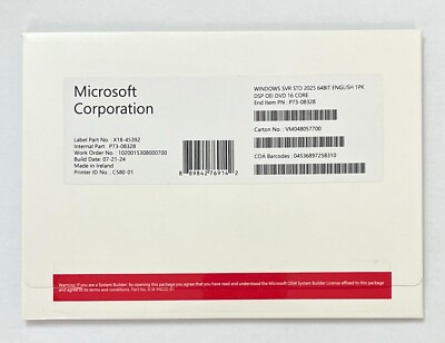 Microsoft Windows Server 2025 Standard 16 Core DVD+KEY (Neu & Versiegelt)