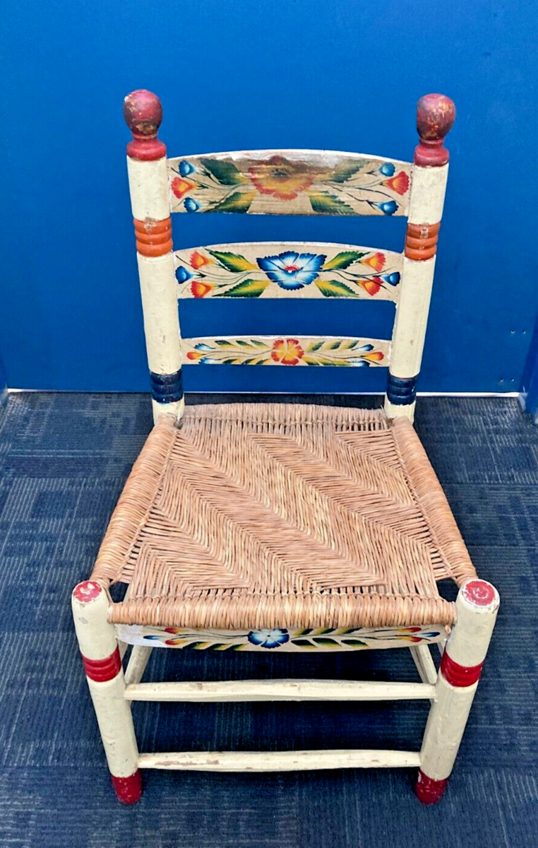 Vintage Antique Mexican Folk Art Hand Painted Wooden Ladder Back Rush Seat  Chair