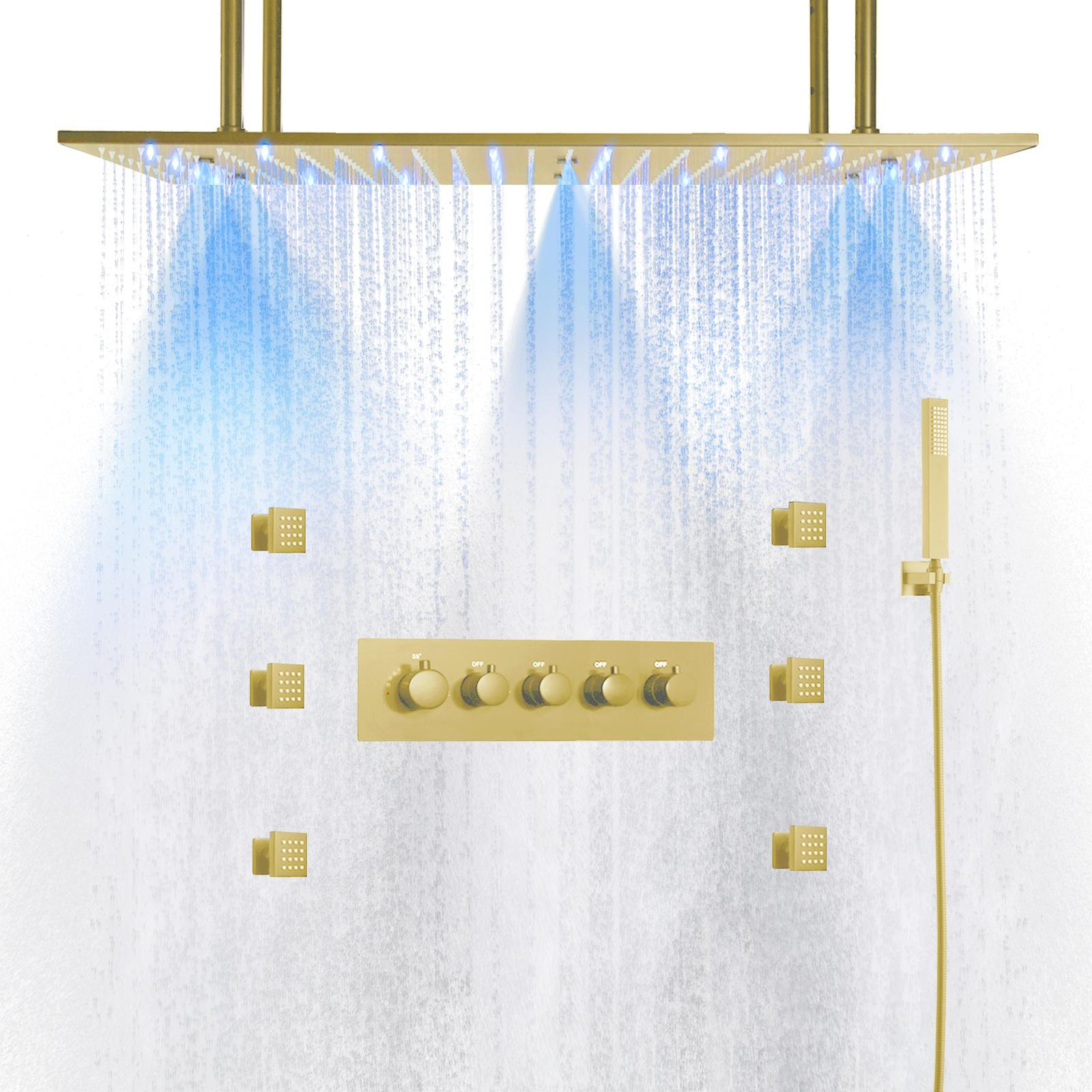 Adjustable Shower Faucet Set Gold 6 Shower Head W/ 4-way Valve Thermostatic