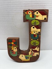 Vtg Folk Art Hand Painted Carved Letter J El Salvador Birds House Tree 70  s